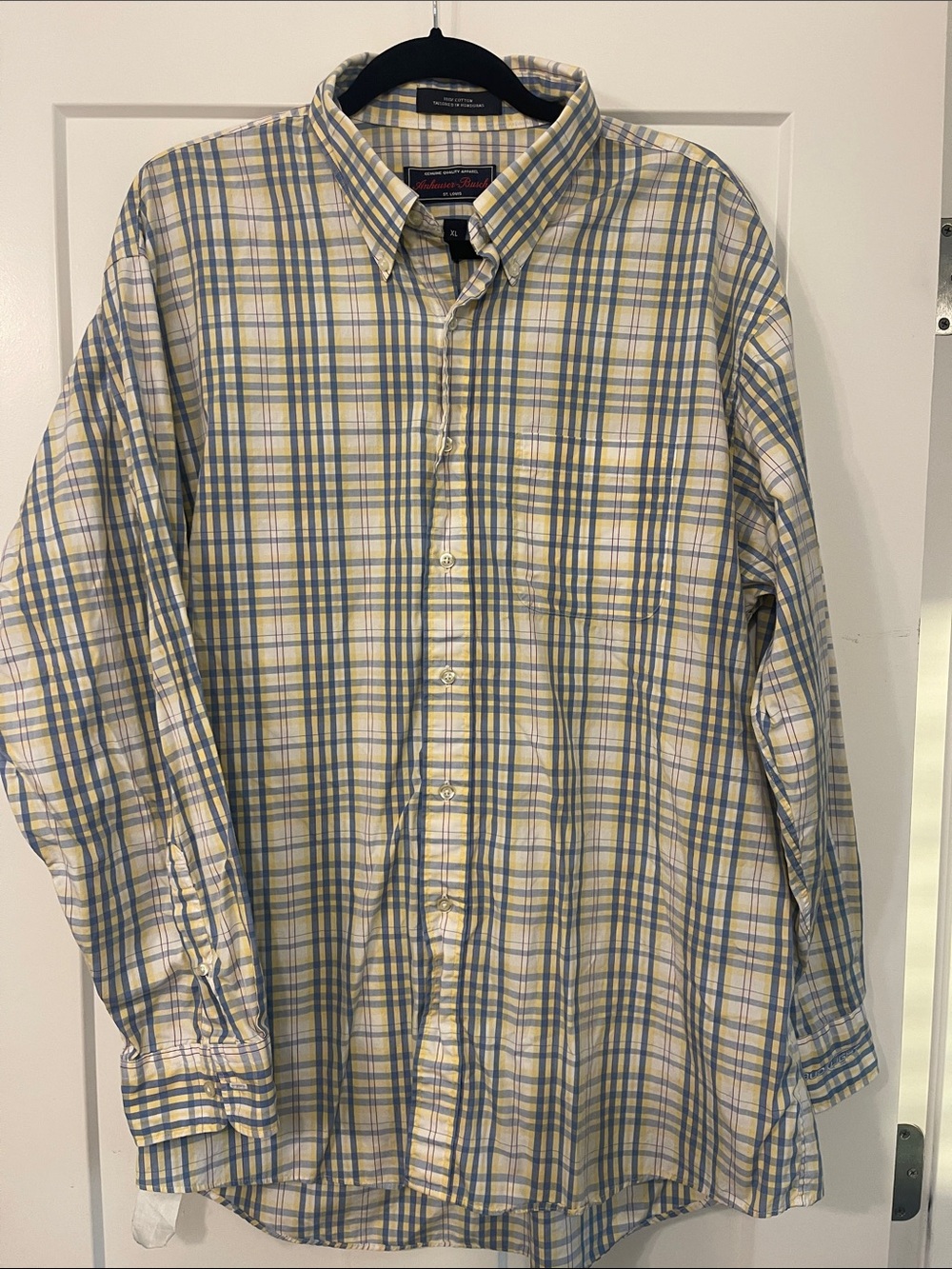 Men’s vintage Anheuser-Busch Button-Down Plaid Men's Shirt in Blue and Yellow